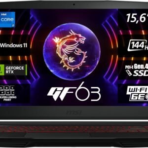 MSI Thin GF63 Gaming Notebook, 15.6 Inches, Full HD, Intel Core i5-12450H, 16 GB RAM, 512 GB SSD, RTX 4050 6 GB, Windows 11 Home, Gaming Keyboard, Black, 12VE-087